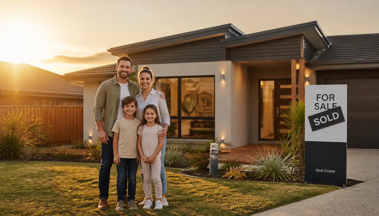 Family in front of their new home